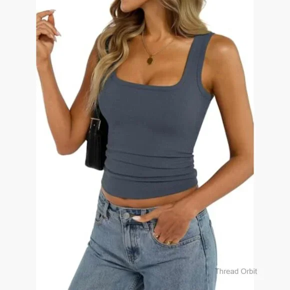 Ribbed Cotton Tank Top Square Neck Fitted Summer Cami Thin Straps - Picture 6 of 7